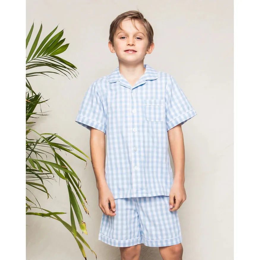 Petite Plume Light Blue Gingham Twill Pajama Short Set